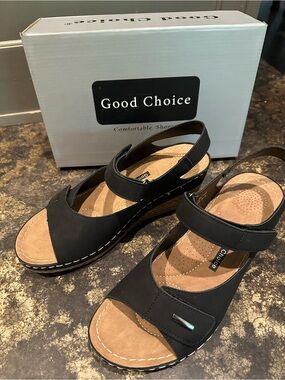 Good Choice Black Wedge Sandals with Adjustable Strap